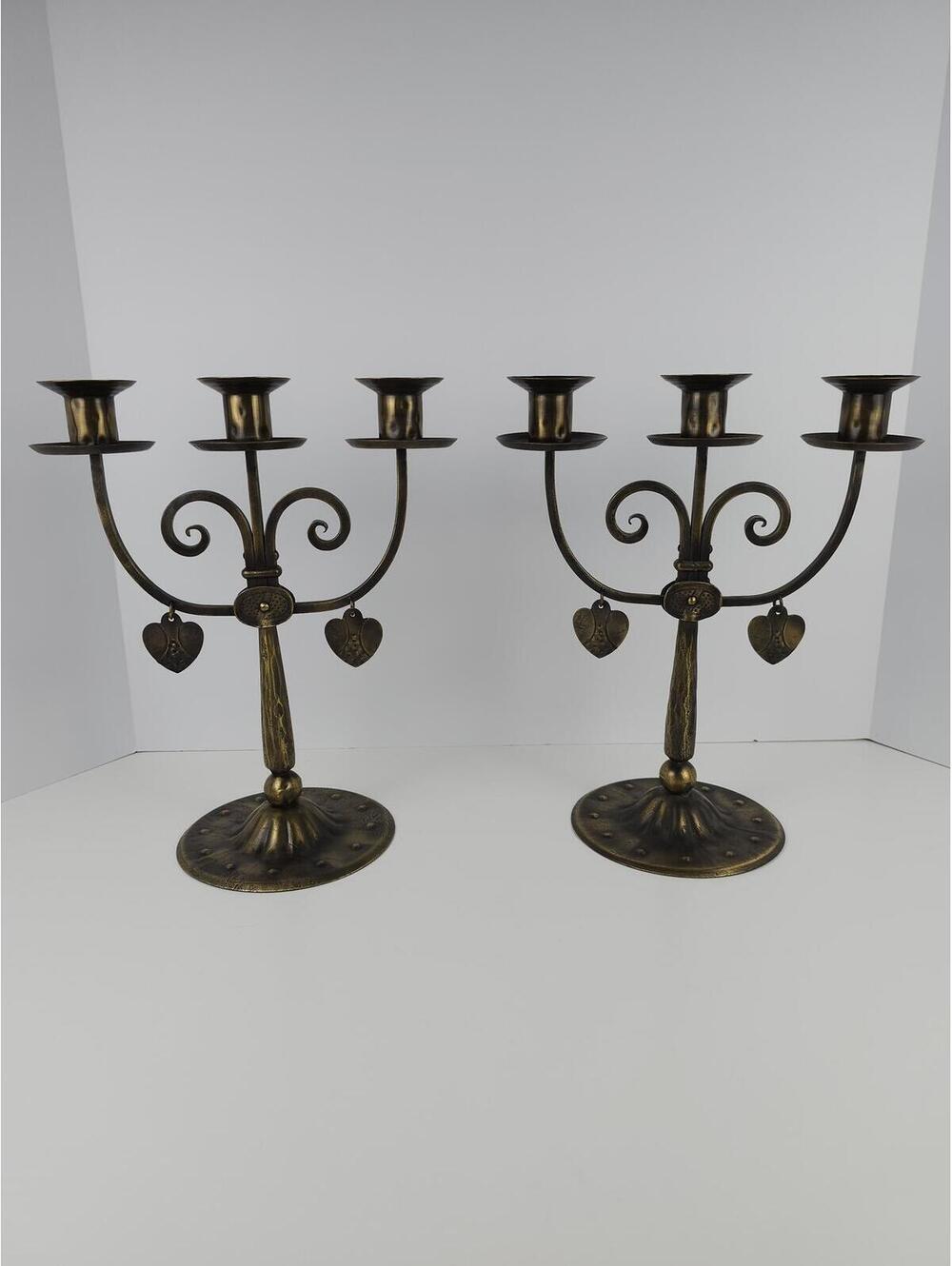 Vtg German Arts & Crafts Iron Candelabra Heart Gothic Jugendstil Candle Holders